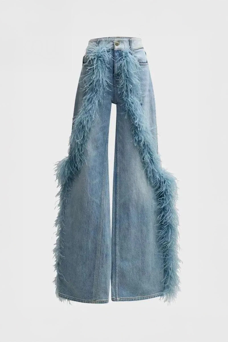 Feathered Curve Flare Jeans - Blue