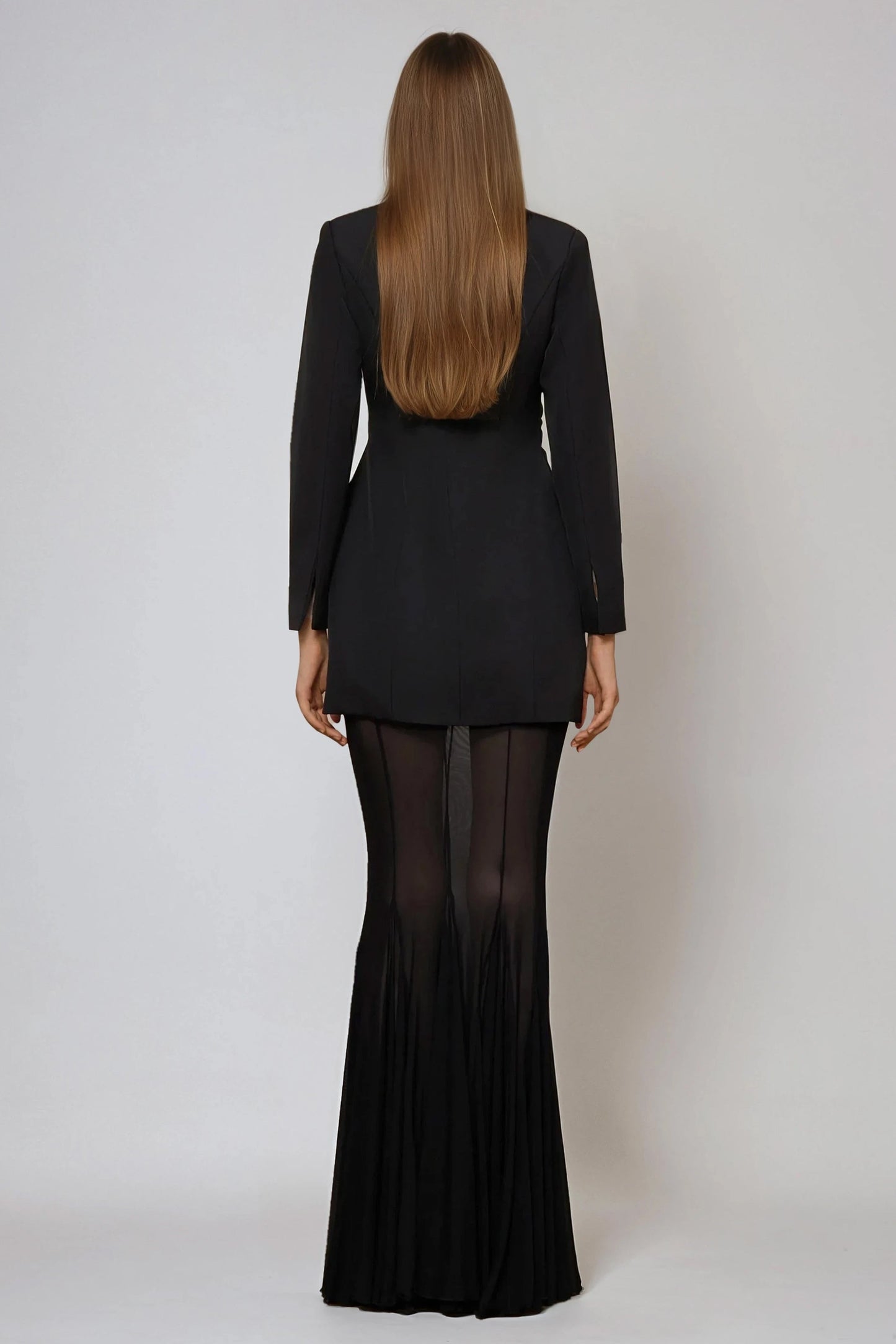 Two-Piece Set with Fitted Blazer and Sheer Maxi Skirt  - Black