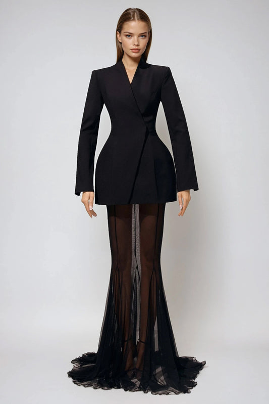 Two-Piece Set with Fitted Blazer and Sheer Maxi Skirt  - Black
