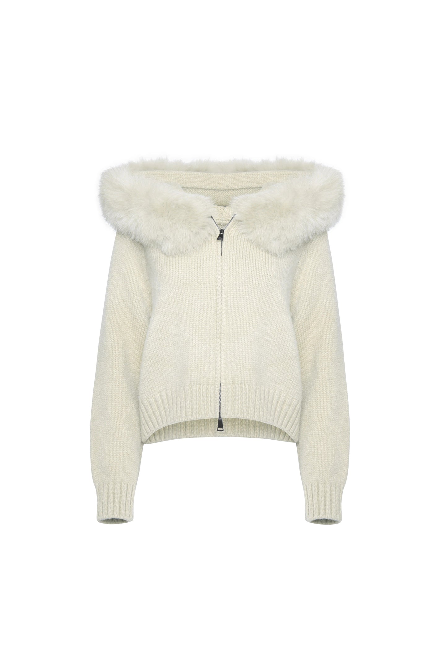 Zip-Up Knit Jacket with Faux Fur Trim - White