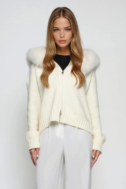 Zip-Up Knit Jacket with Faux Fur Trim - White