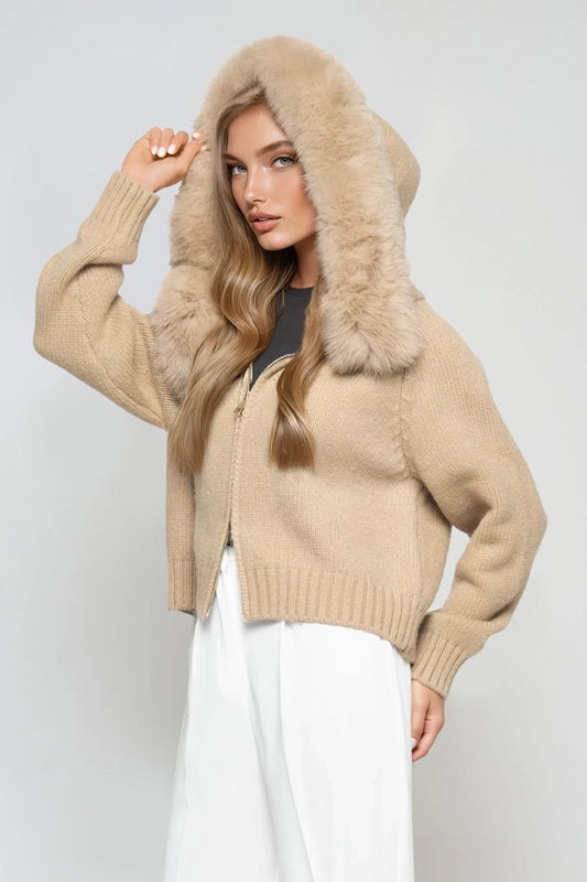 Zip-Up Knit Jacket with Faux Fur Trim - Khaki