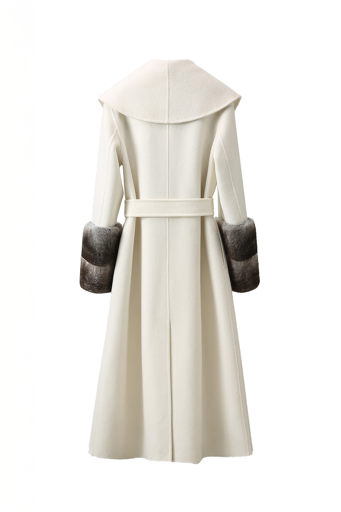 100% Wool Coat with Wide Collar and Fur Cuffs - White