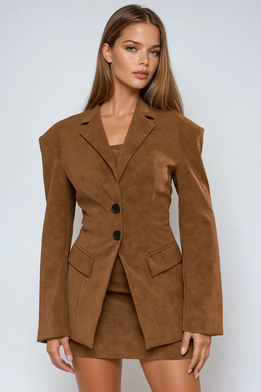 Suede Look Single-Breasted Jacket - Brown