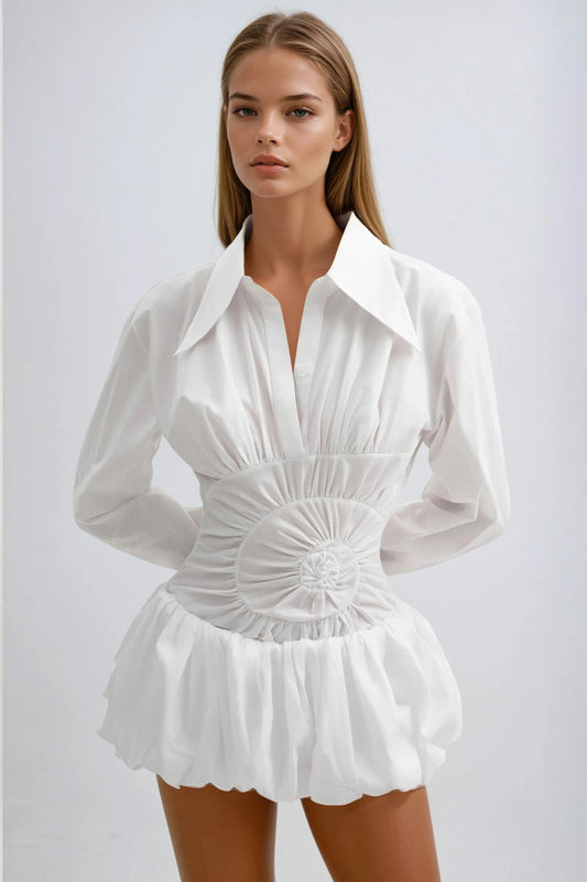 Ruched Shirt-Style Mini Dress  - White
