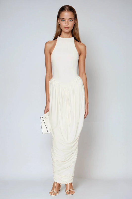 High Neck Draped Maxi Dress - White