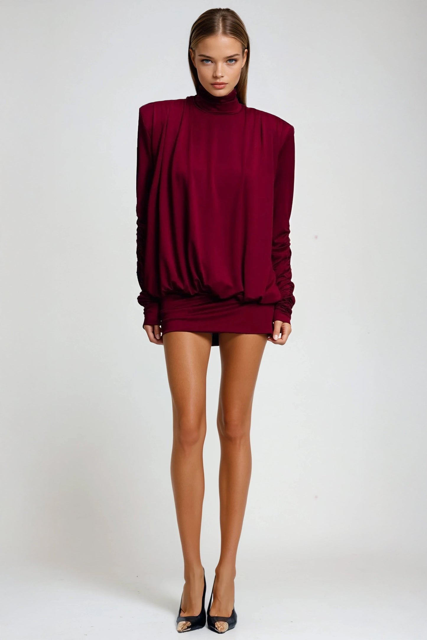 Draped Open Back Long Sleeve Mini Dress - Burgundy