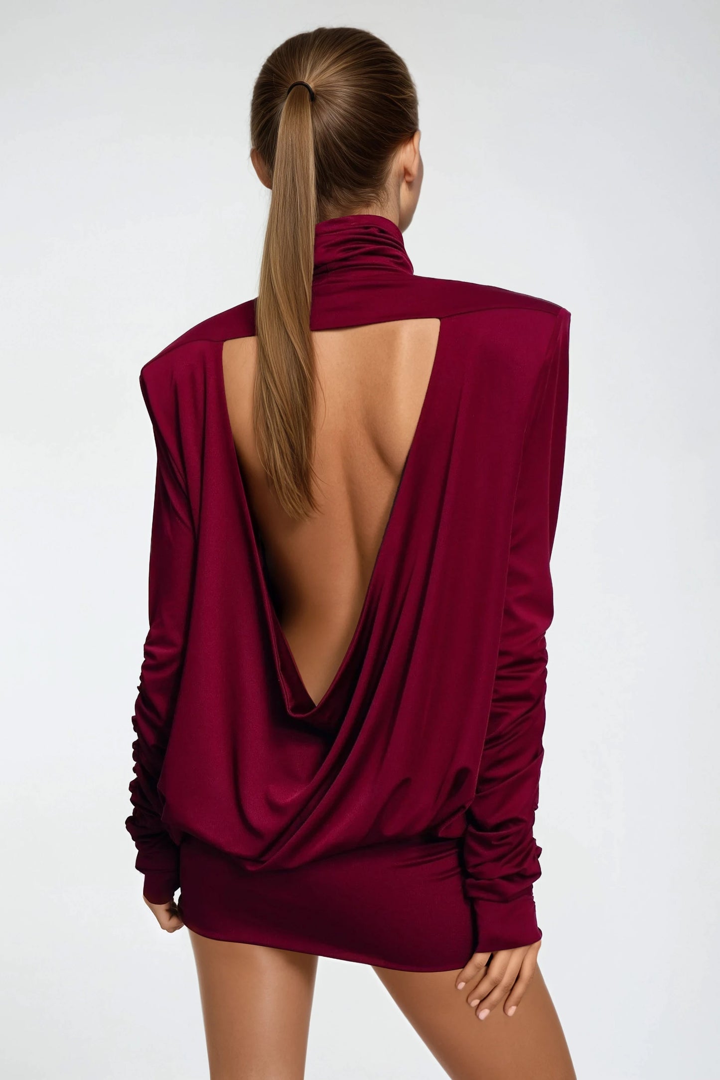 Draped Open Back Long Sleeve Mini Dress - Burgundy