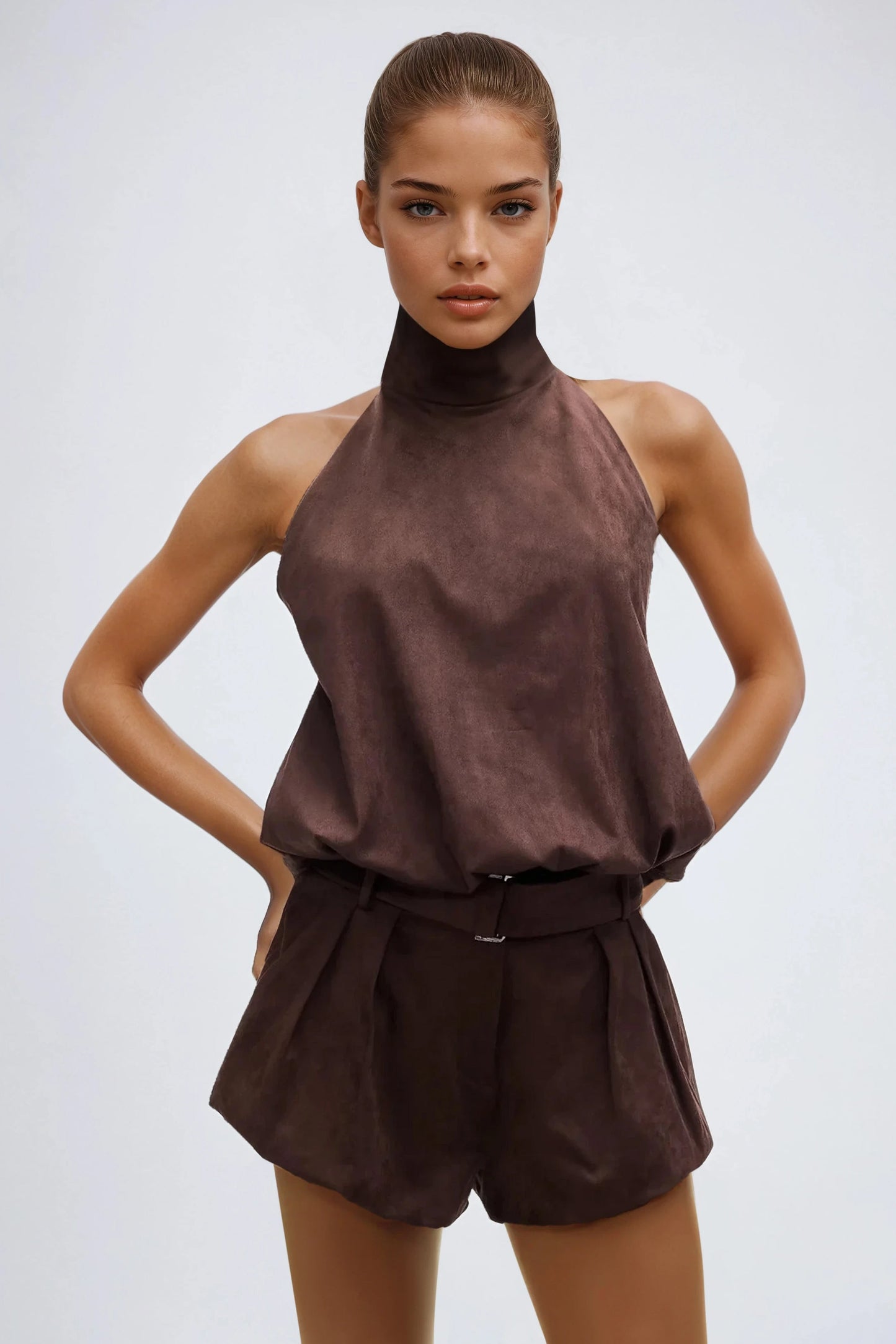 Two-Piece Set with High Neck Top and Belted Shorts - Brown