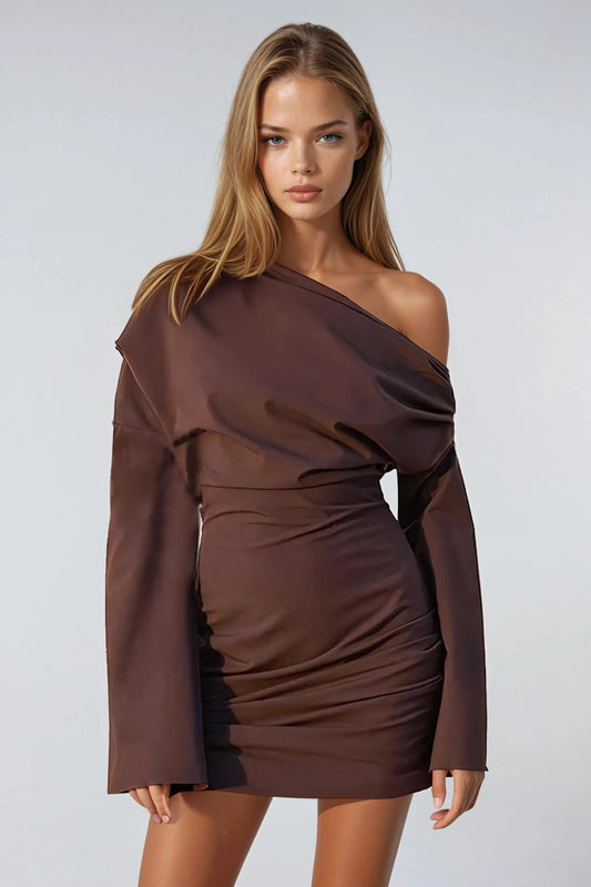 Asymmetrical Long Sleeve Ruched Mini Dress - Brown