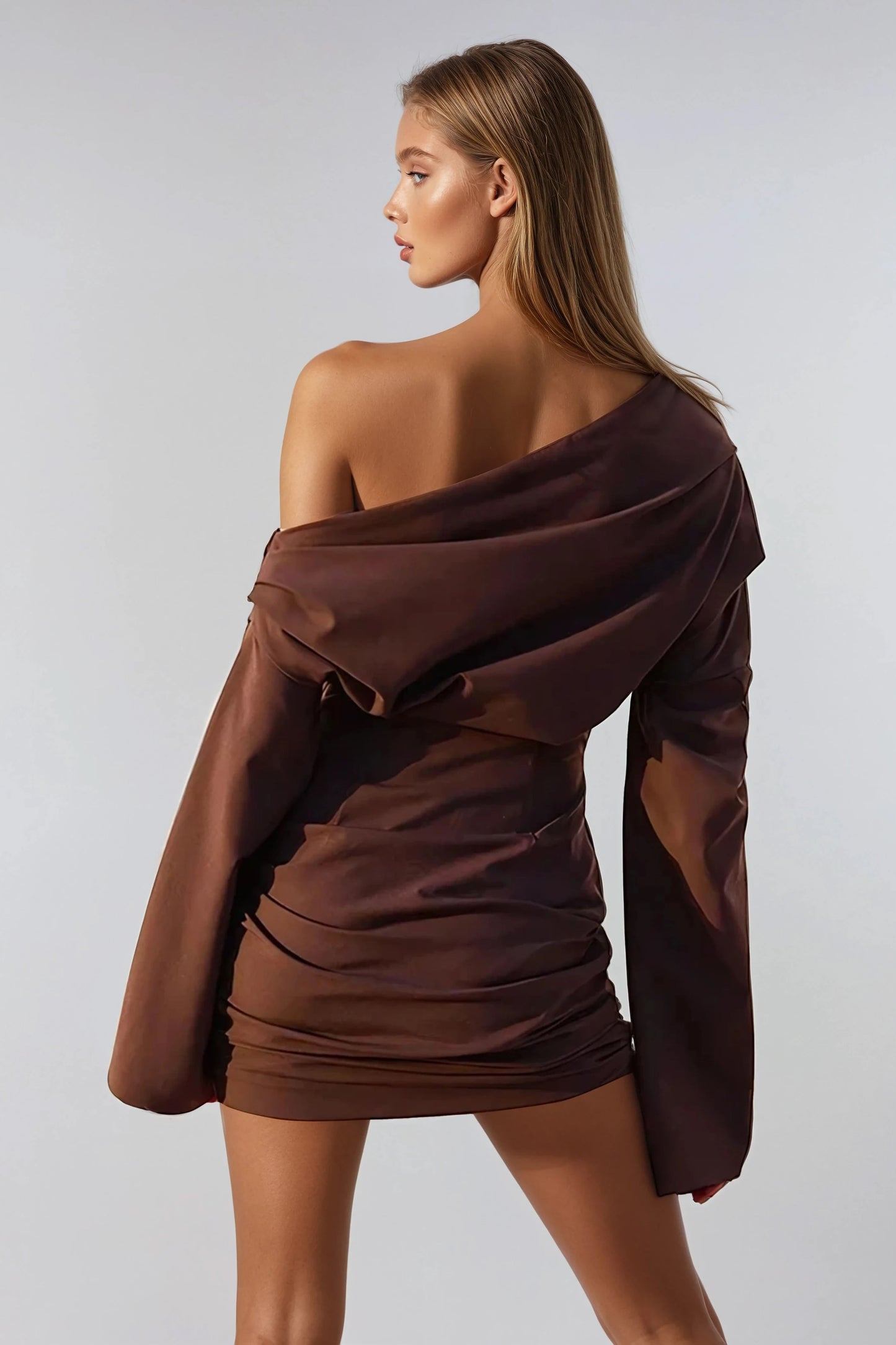 Asymmetrical Long Sleeve Ruched Mini Dress - Brown