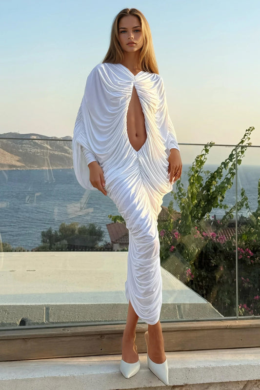 Draped Open-Front Midi Dress - White