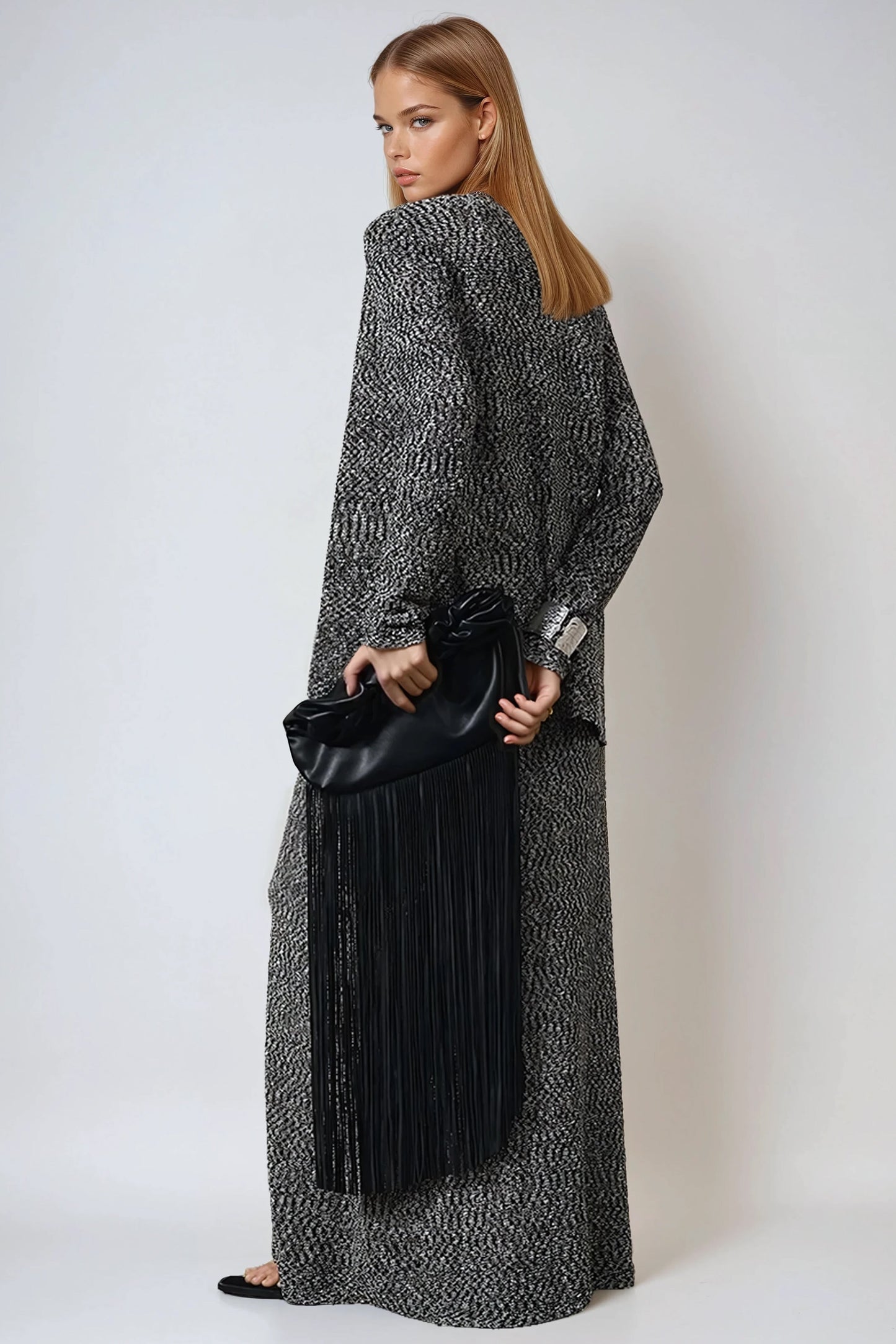 Longline Button Coat with Textured Finish - Black