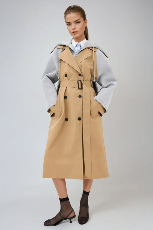 Trench Style Jacket with Hoodie Sleeves - Khaki