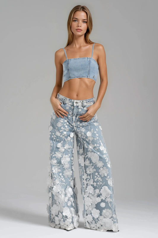 Wide Leg Jeans with Floral Embroidery - Blue