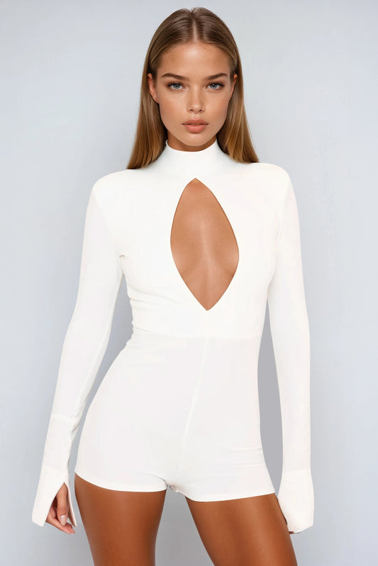 Long Sleeve Jumpsuit with Keyhole Front - White