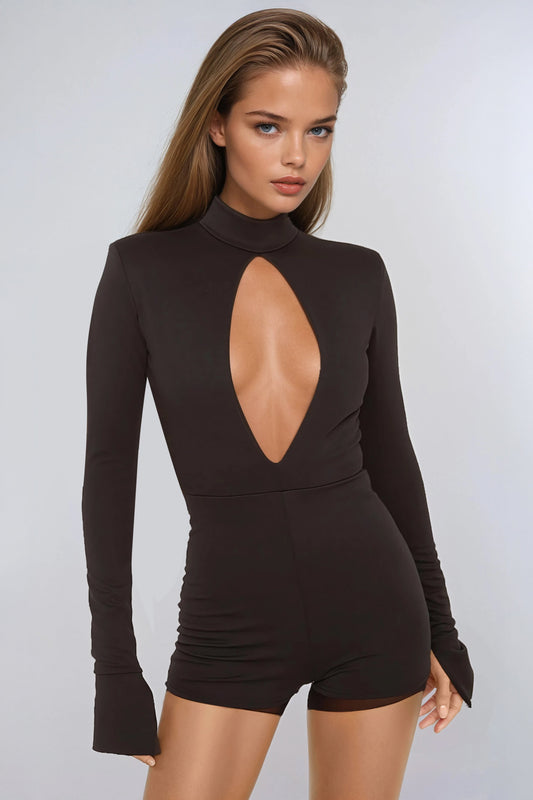 Long Sleeve Jumpsuit with Keyhole Front - Black