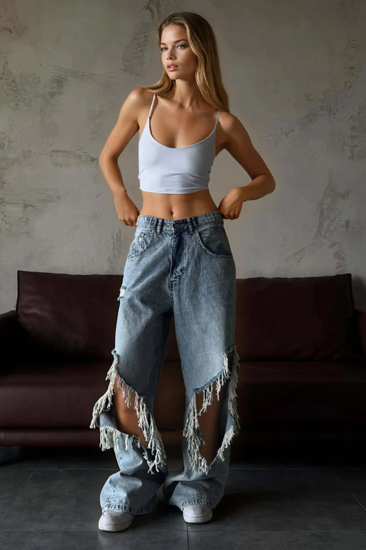 Distressed Wide Leg Jeans with Fringe Cut-Outs - Blue