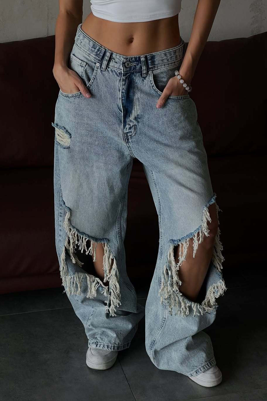 Distressed Wide Leg Jeans with Fringe Cut-Outs - Blue