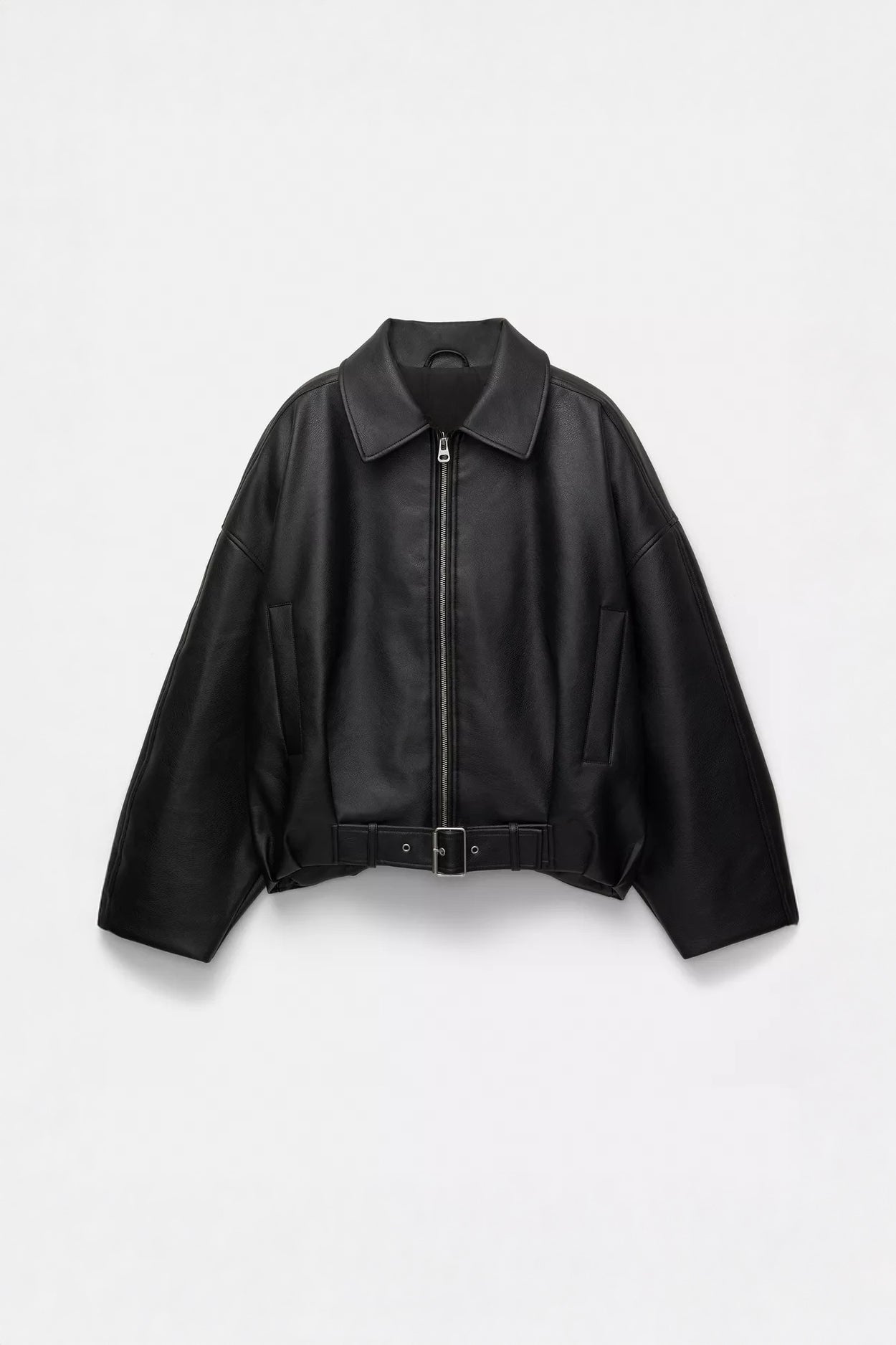 Zip-Up Jacket with Belt and Wide Sleeves - Black