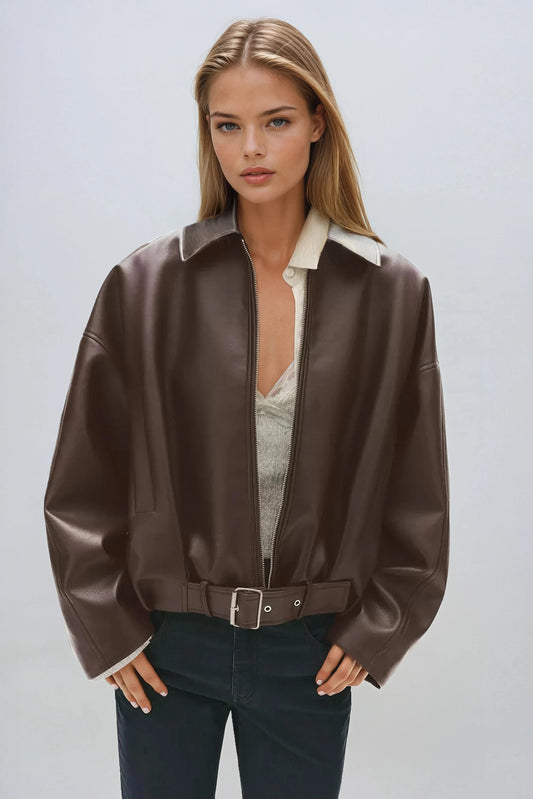 Zip-Up Jacket with Belt and Wide Sleeves - Brown