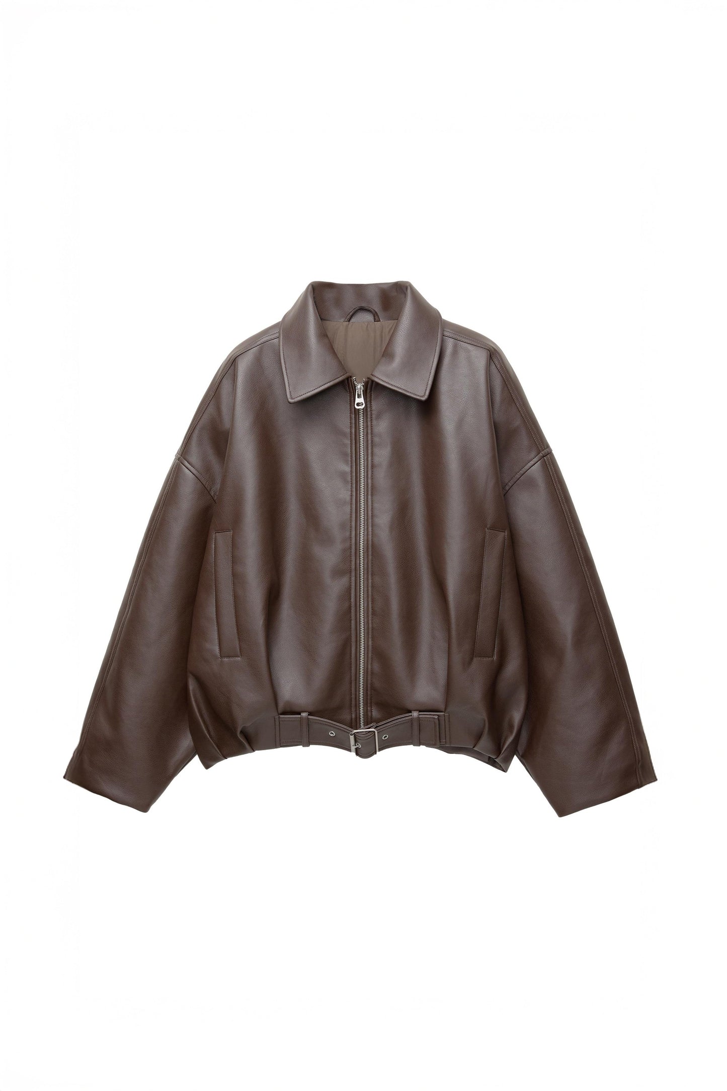 Zip-Up Jacket with Belt and Wide Sleeves - Brown
