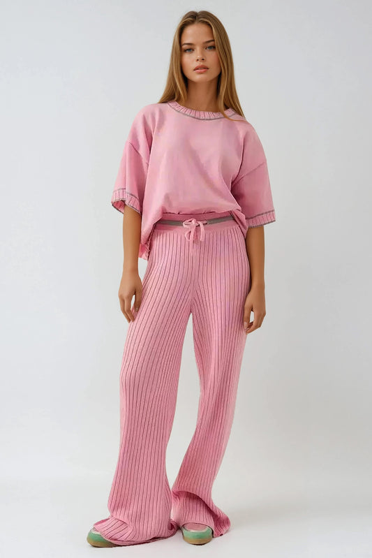 Two-Piece Set with Short Sleeve Top and Wide Leg Pants - Pink