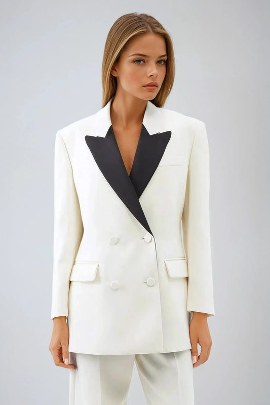 Double-Breasted Blazer with Contrast Lapel - White