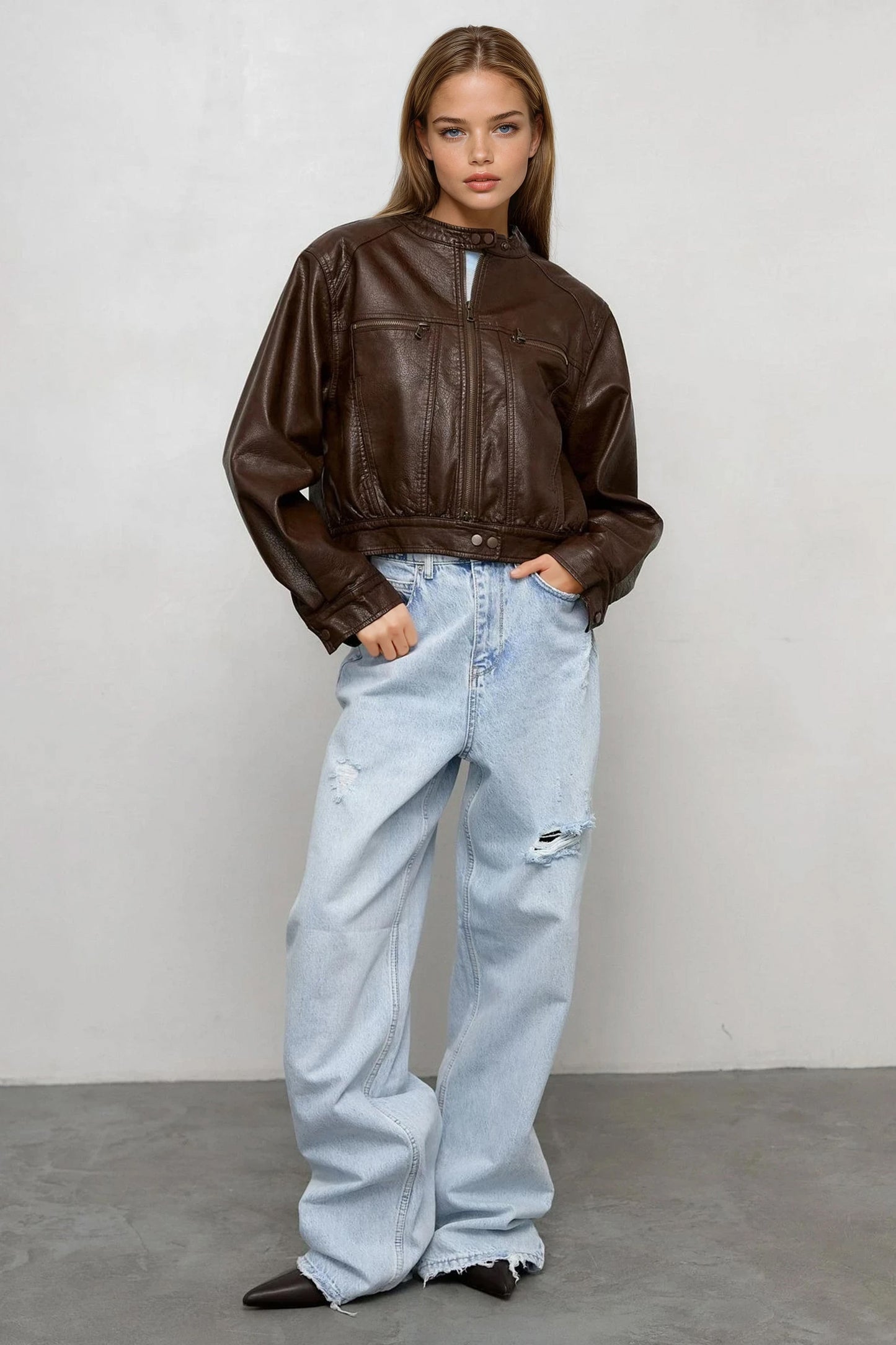 Distressed Straight Leg Jeans - Blue