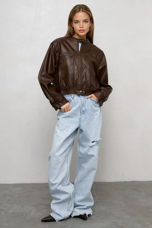Distressed Straight Leg Jeans - Blue