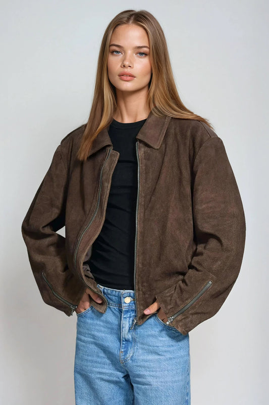 Zip Front Jacket with Collar and Cuff Details - Brown