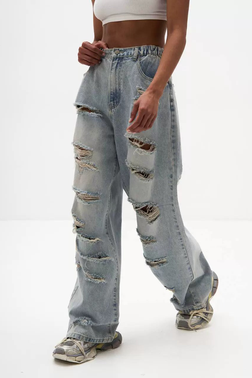 Distressed Wide Leg Jeans - Blue