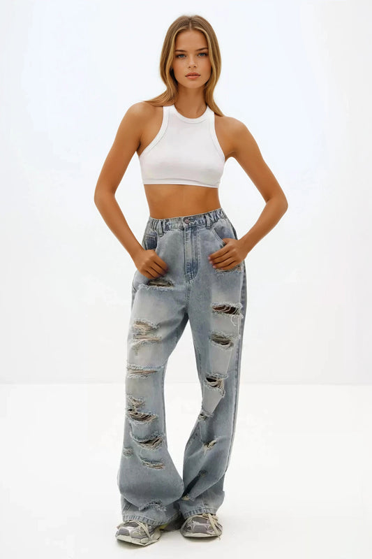 Distressed Wide Leg Jeans - Blue