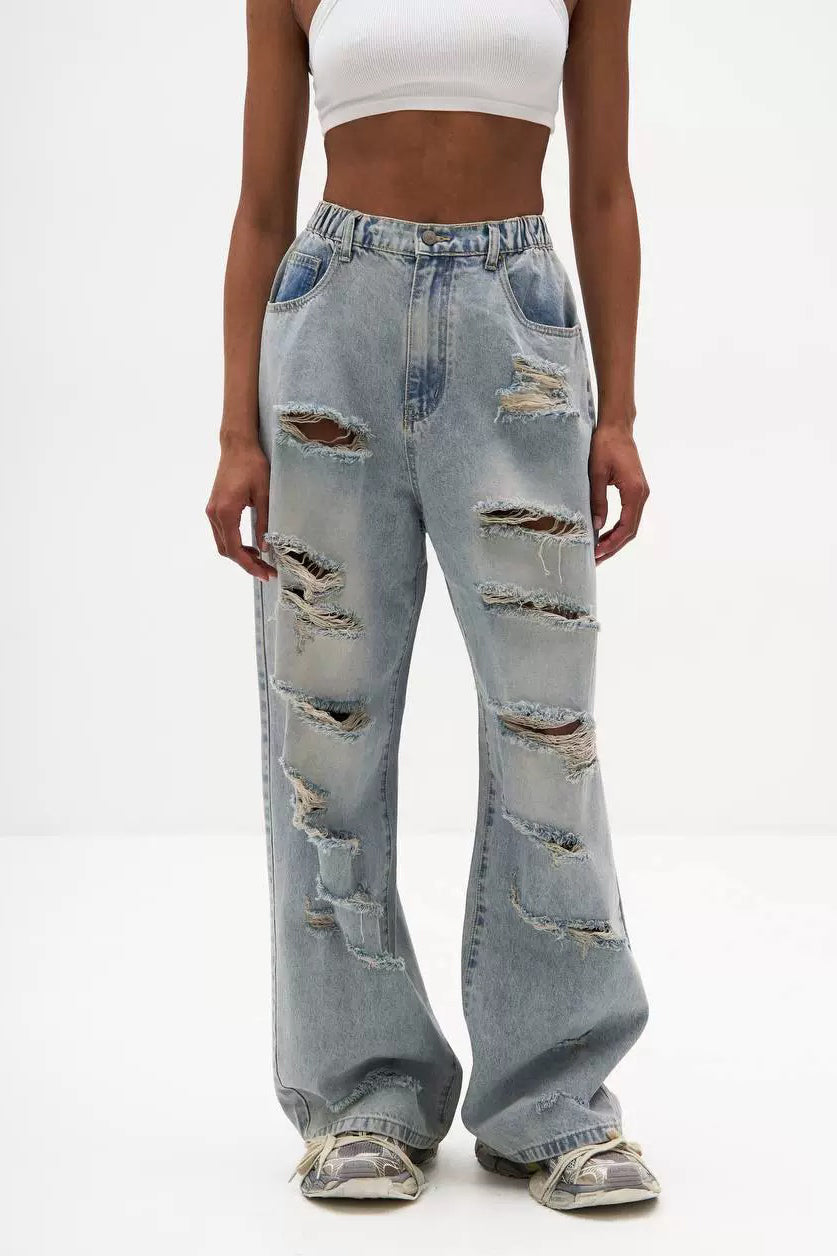 Distressed Wide Leg Jeans - Blue