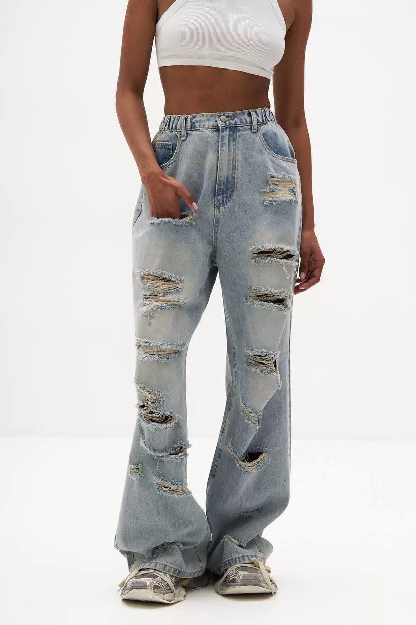 Distressed Wide Leg Jeans - Blue