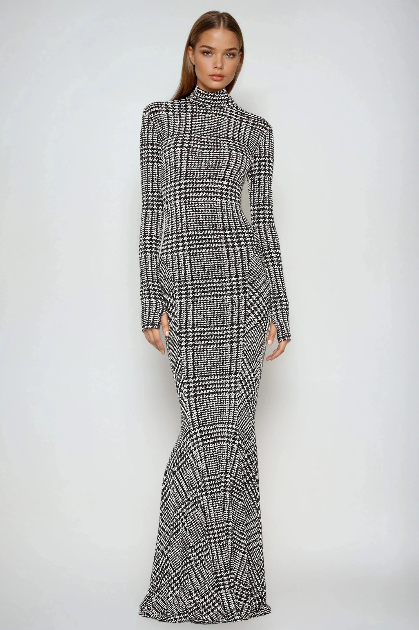 Long Sleeve High Neck Maxi Dress - Gray