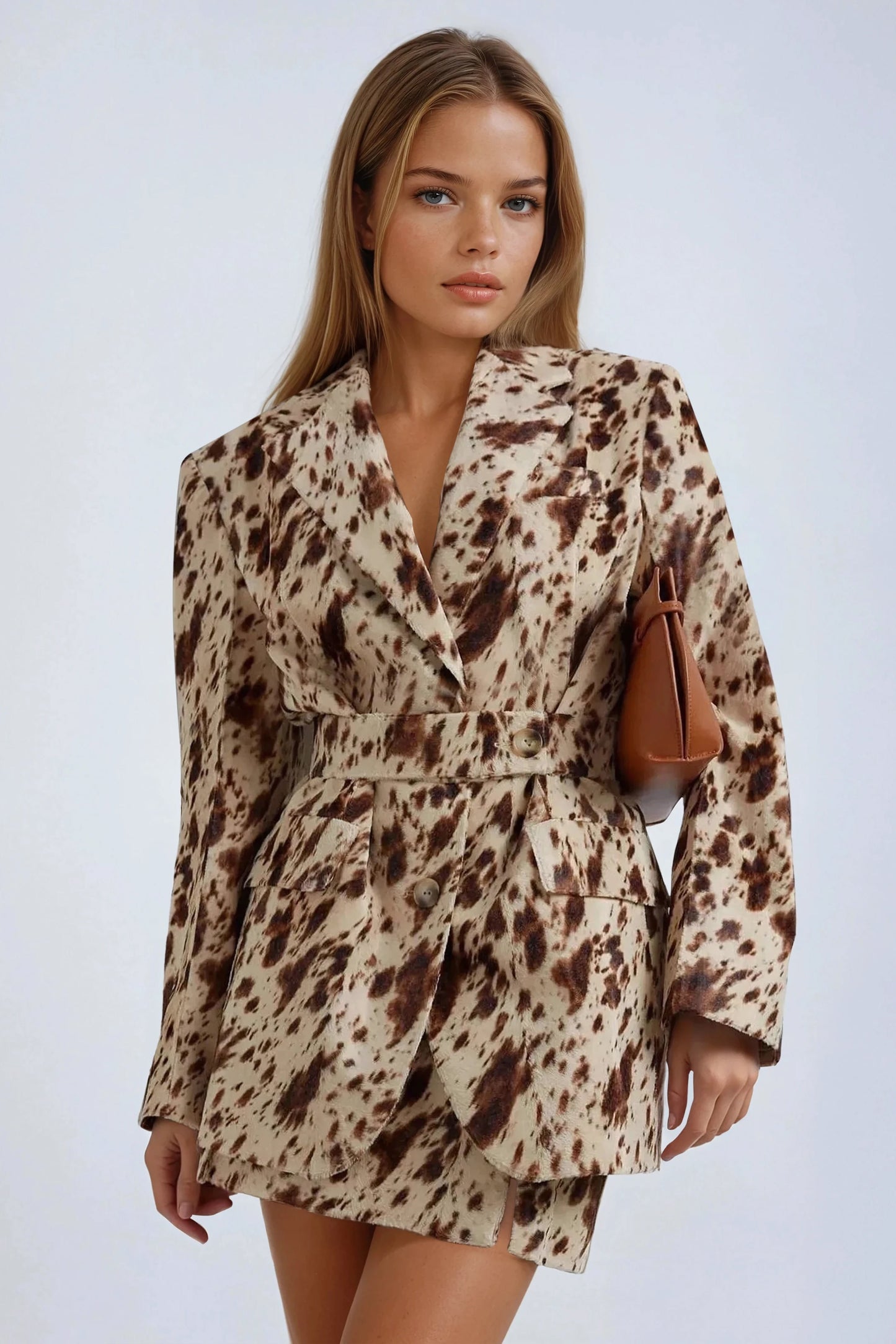 Belted Animal Print Jacket - Brown