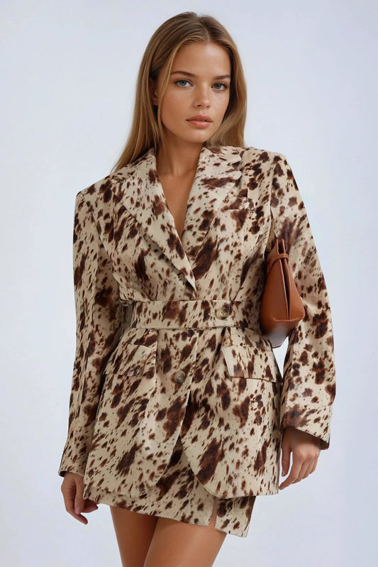 Belted Animal Print Jacket - Brown