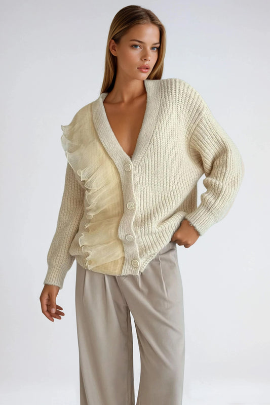 Button Front Knit Cardigan with Textured Trim - Yellow