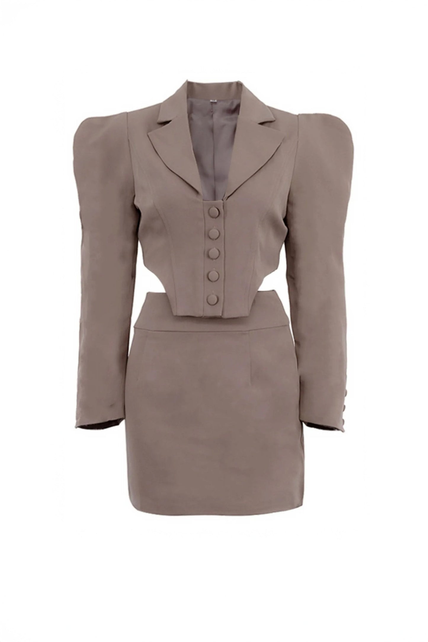 Two-Piece Set with Blazer Style Top and Mini Skirt - Khaki