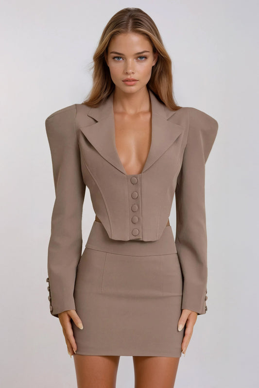 Two-Piece Set with Blazer Style Top and Mini Skirt - Khaki