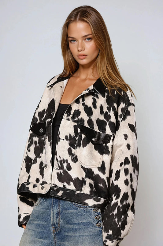 Cow Pattern Cropped Jacket - Black