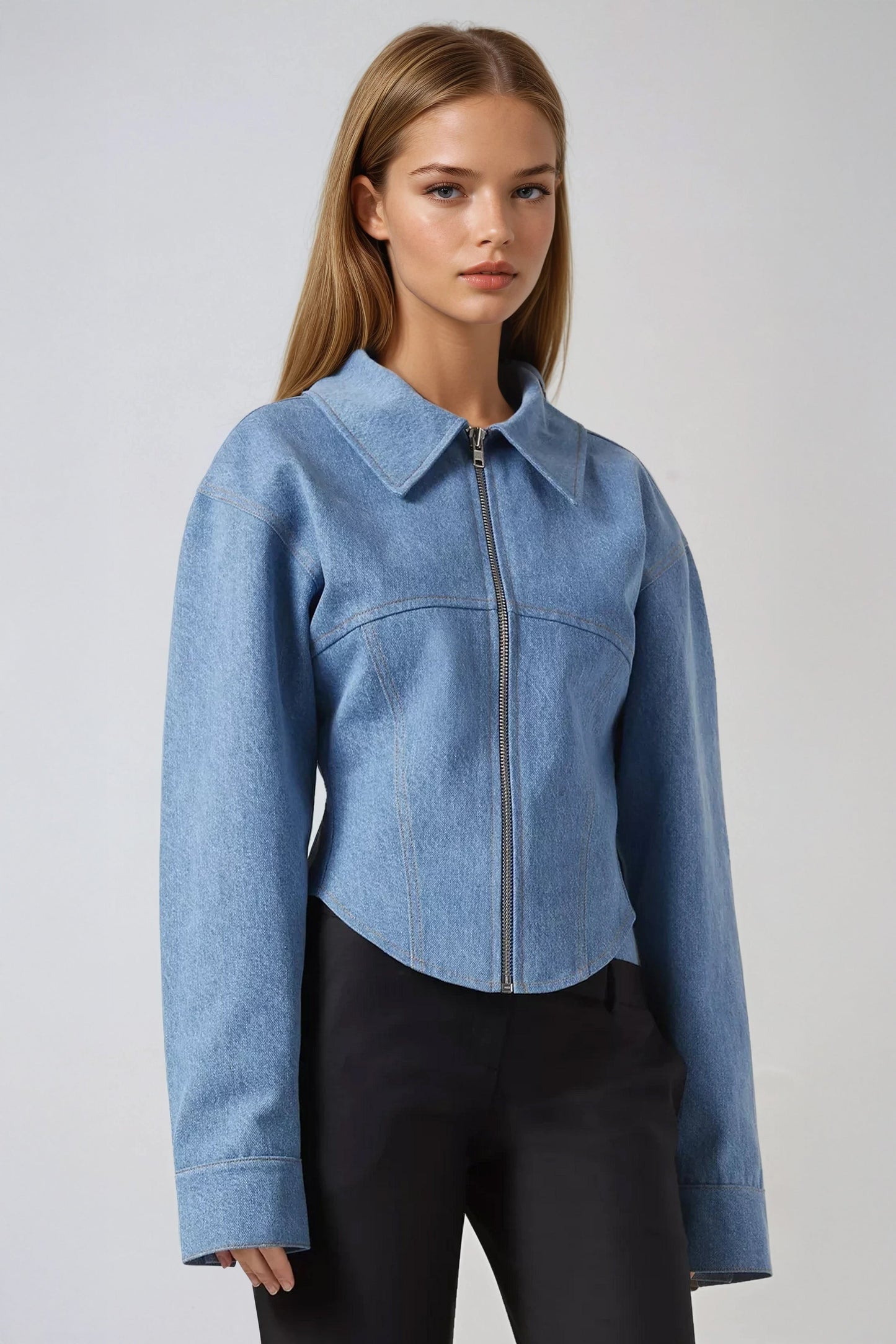 Zip-Up Fitted Denim Top - Blue