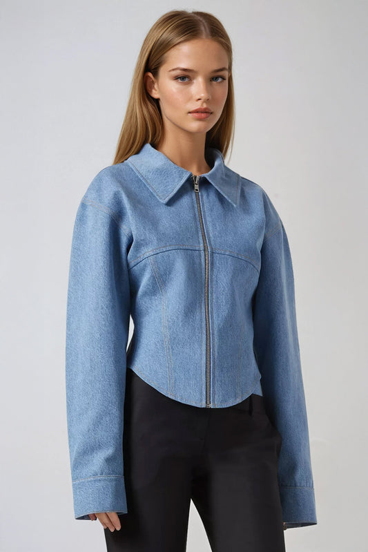 Zip-Up Fitted Denim Top - Blue