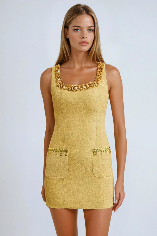Embellished Scoop Neck Mini Dress - Yellow