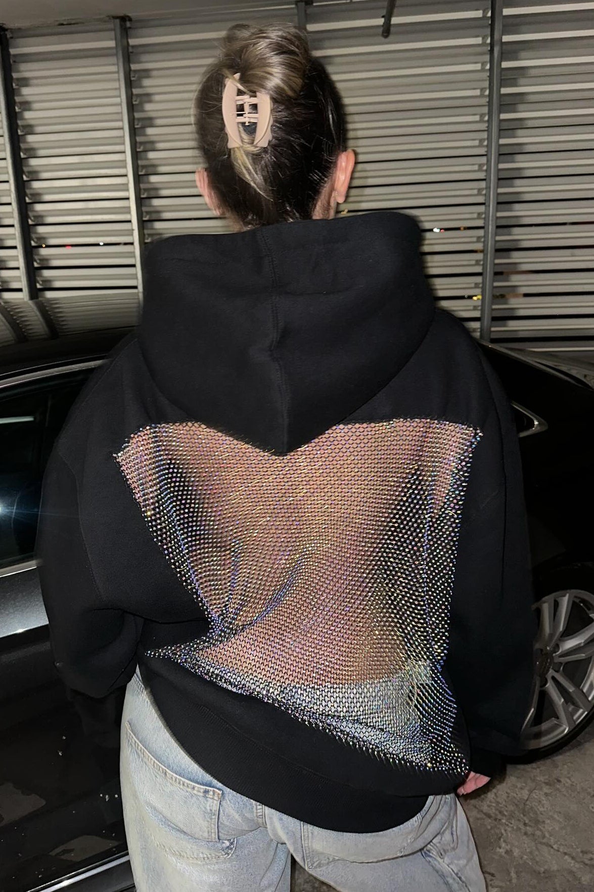 Crystal Mesh Back Hoodie - Black
