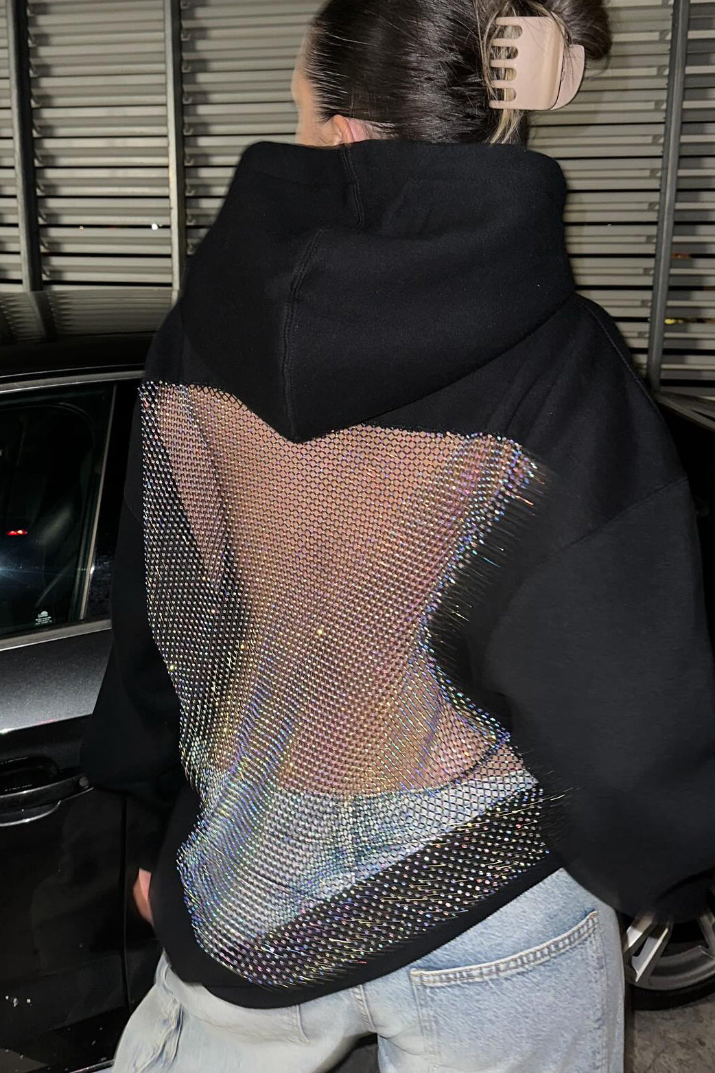 Crystal Mesh Back Hoodie - Black