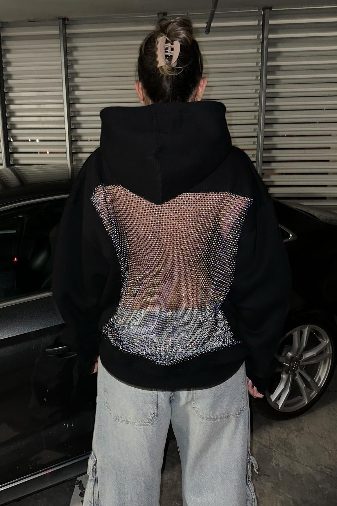 Crystal Mesh Back Hoodie - Black