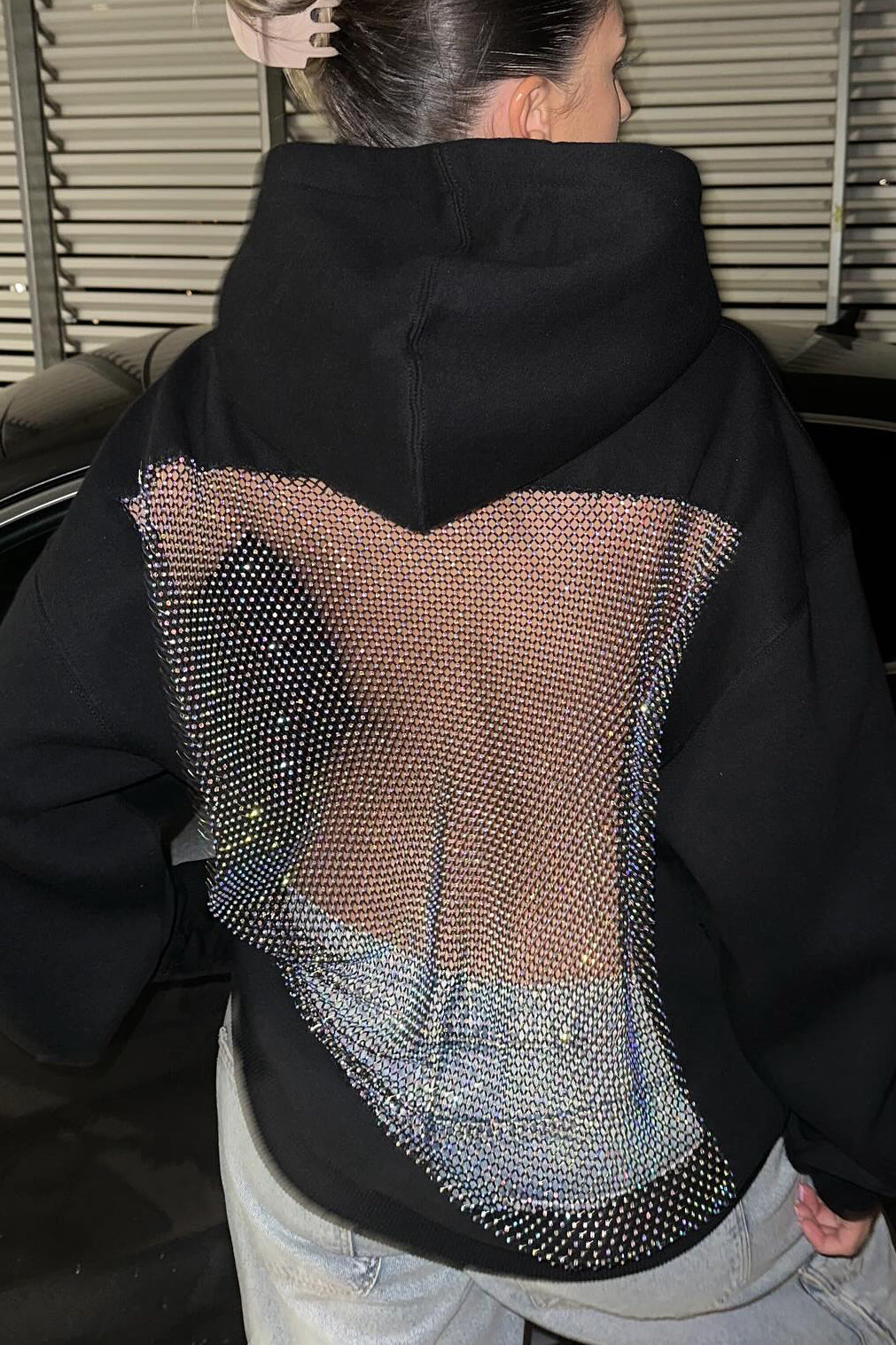 Crystal Mesh Back Hoodie - Black