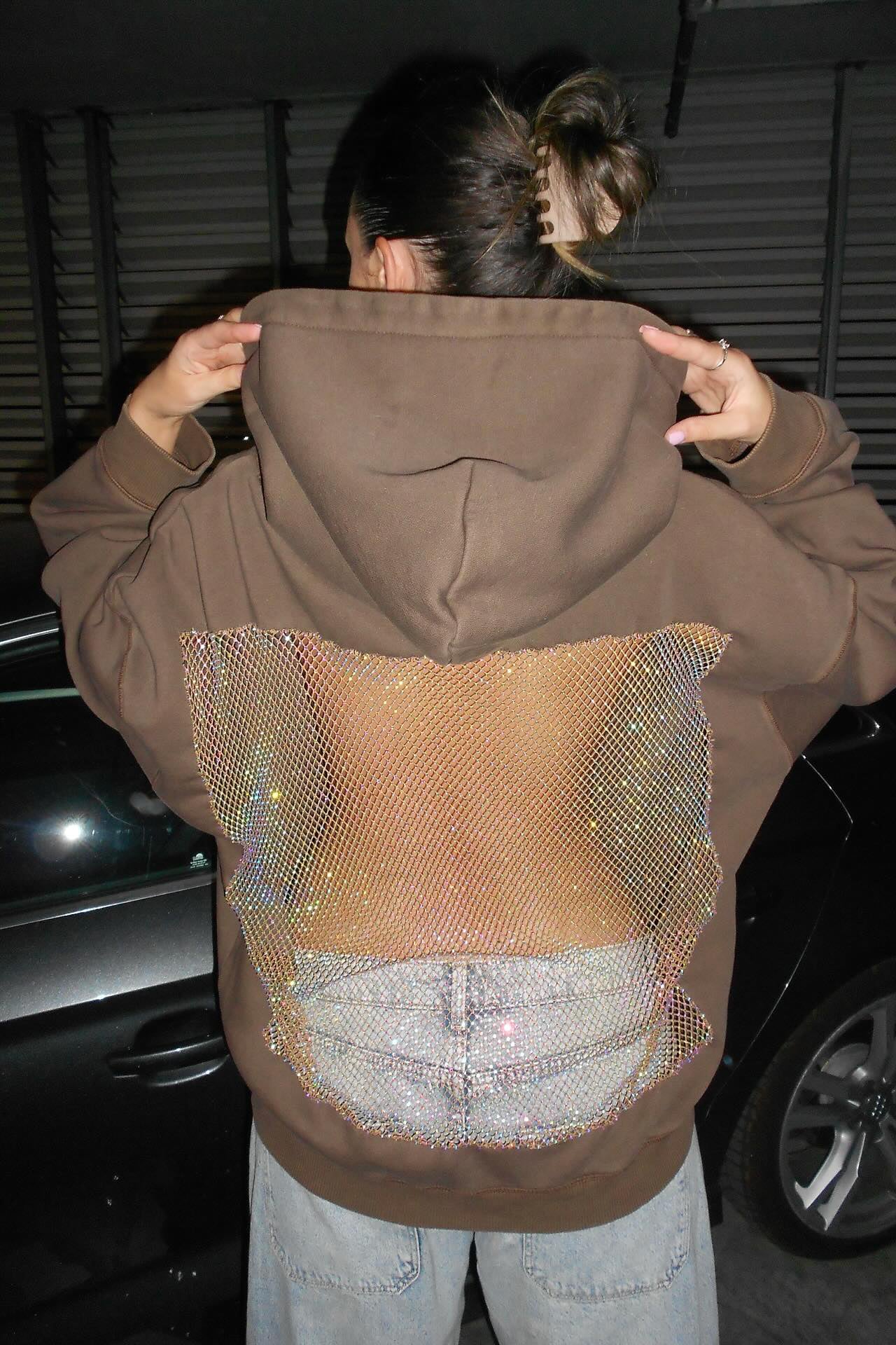 Crystal Mesh Back Hoodie - Brown